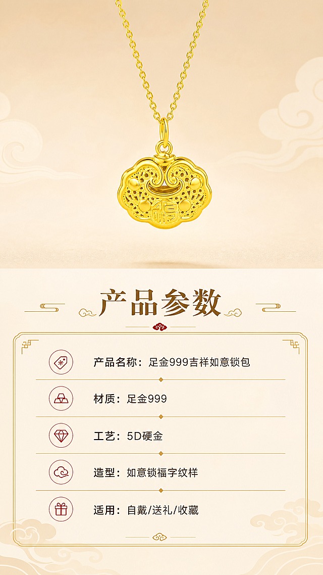 [商品] 使用【图6】足金999吉祥如意锁包吊坠正面标准图；保留如意锁完整造型、对称结构、福字纹样、花丝细节、黄金色泽；作为产品标准展示图，清晰呈现产品全貌，不改变产品结构。
[画面] 目标：规格信息展示，清晰呈现产品参数。构图：上方产品标准照占40%，下方规格参数表占60%。阅读动线：从上至下，先看产品标准图，再读详细参数。前中后景：上方产品居中展示，背景浅米色渐变；下方规格表区域，米白色底配金色线条装饰。场景：简洁清晰的信息展示场景，便于用户快速了解产品参数。
[视觉] 套系策略：风格=东方雅致轻奢珠宝商业摄影；标题字=新中式宋体粗体；正文字=现代简洁黑体；主色=暖金色+米杏色；背景延展=基于米杏色做深浅渐变、同色系层次、暗纹祥云肌理；强调色=朱砂红，仅用于小面积图标、引线、装饰元素；标题色=深棕金；正文色=暖棕灰；组件=圆角金线信息卡、细金线引线、祥云装饰元素；光影=产品正面均匀柔光，清晰展示每一处细节，参数区明亮清晰。
[文字] 产品下方主标题："产品参数"；下方规格表包含："产品名称：足金999吉祥如意锁包"、"材质：足金999"、"工艺：5D硬金"、"造型：如意锁福字纹样"、"适用：自戴/送礼/收藏"；参数表使用金色线条分隔，清晰规整，移动端可读。
[规格] 图片比例9:16竖版，4K分辨率，负向提示：避免变形、错字、文字过小、冷蓝背景、黄金颜色偏色、产品结构失真、模糊不清、水印、平台Logo。