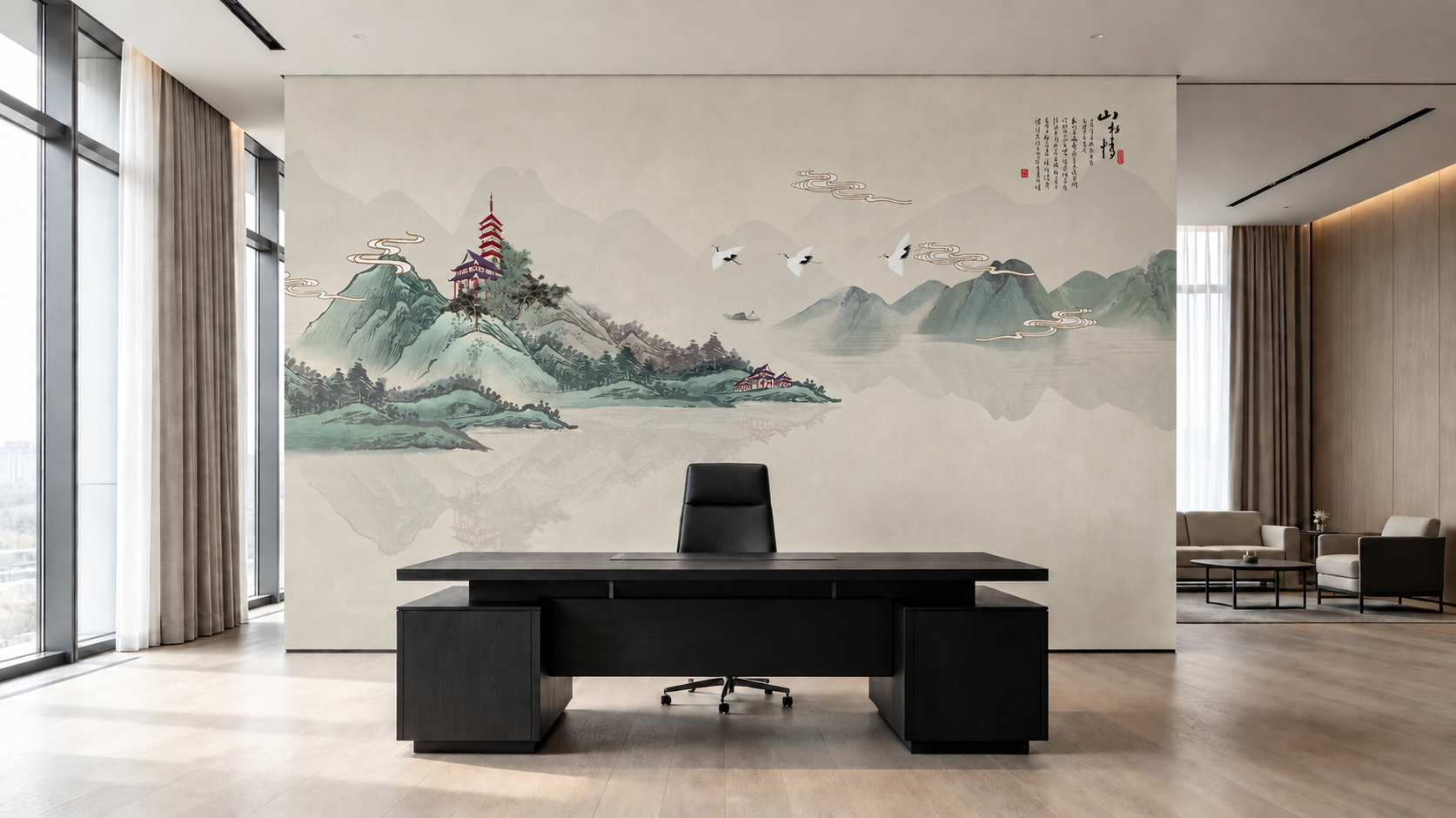 将第二张图中的刺绣硬包山水背景墙图案完整地贴到第一张办公室场景… - 图片创意预览