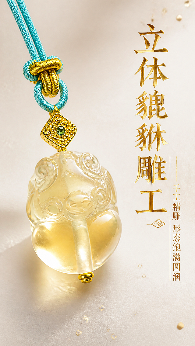 9:16竖版新中式禅意风电商海报，新中式简约鎏金烫金字体。画面聚焦貔貅雕刻的面部细节特写，严格还原产品的立体雕刻纹路与1:1尺寸比例，柔光打亮雕刻的线条肌理，展现工艺精细度，黄水晶貔貅造型、湖青色编绳、金色配饰细节精准还原。背景为浅米白磨砂质感，点缀细碎的金箔光点。右侧放置主标题「立体貔貅雕工」，副标题「手工精雕 形态饱满圆润」，文字采用鎏金质感，右对齐强调排版，突出雕刻工艺的精致度。