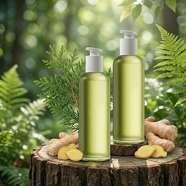 优化产品场景图，户外自然森林场景，背景是虚化的绿植，前景是产品，产品高低摆放在粗壮的树干上，左边产品的后面有一支侧柏叶，产品的旁边放着生姜
整体场景营造出一种自然清新的感觉，摆放和参考图一致