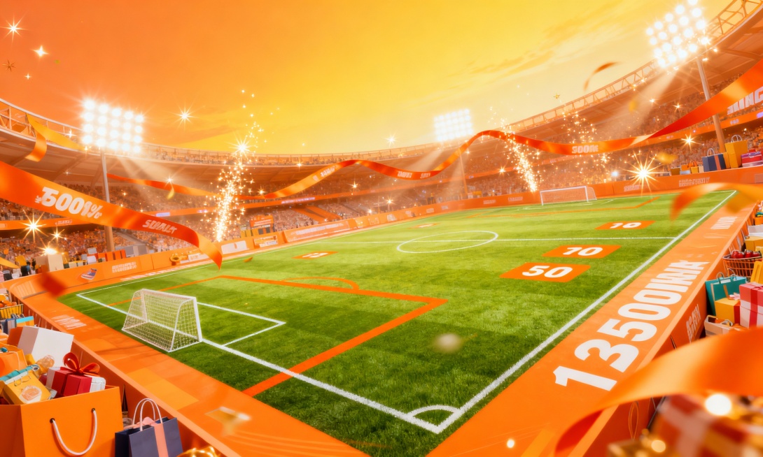 明亮活泼的橙色主题足球场，绿色草坪上点缀橙色线条和数字标记，四周环绕橙色促销彩带、闪光灯光和购物元素，天空为渐变橙黄色，整体氛围欢快热烈预览效果