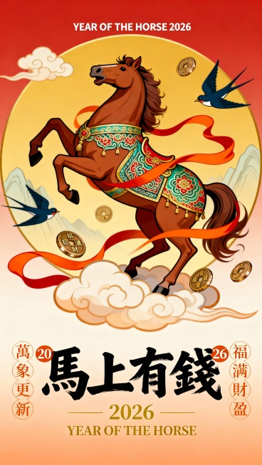 纯扁平风，国潮风描边插画，极繁，丰富细节的国潮插画，扁平插画，正红红渐变浅橙底色，搭配祥云。画面主体为金色圆形构图，中央是匹棕色的马，在云团上，造型充满力量感与动感，昂首扬尾，一只前蹄腾空。马身装饰着预览效果