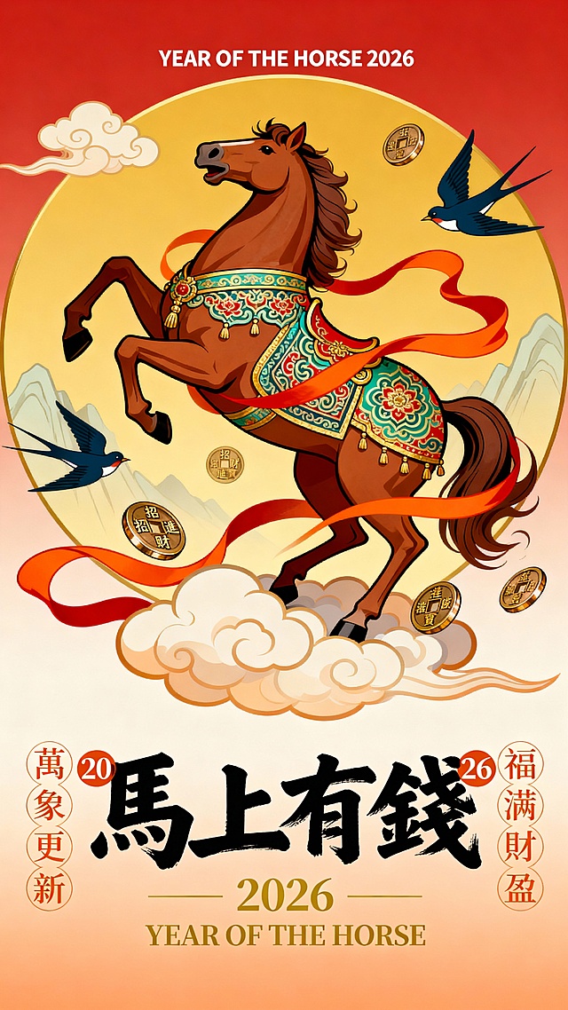 国潮风插画，融合剪纸与鎏金元素，骏马踏云跃动，象征喜庆吉祥。大字“马上有钱”呼应生肖马年，传递福满财盈的中式祝福。