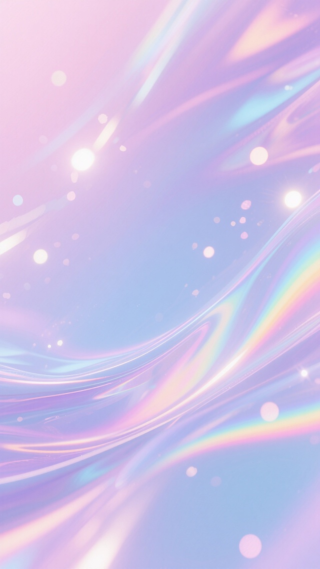 柔和渐变的粉紫色与淡蓝色为主色调的全息质感背景，带有流动感的光线折射效果，散布着不规则的明亮光斑和细长的彩虹色光带，整体呈现出梦幻、通透、轻盈的氛围，光线柔和且具有微妙的光晕扩散，色彩过渡自然平滑，无明显实体物体，纯粹的抽象光影构成，给人宁静而略带神秘感的视觉感受。