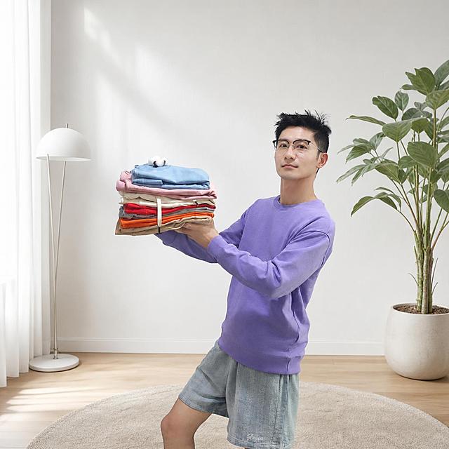 [主图-1] 男士多色圆领卫衣首图，人物双手捧着一叠多色卫衣展示，姿势完全不变。
[氛围风格] 高级松弛感 极简ins风工作室场景 自然时尚摄影质感；
[画质] 商业摄影质感、光线柔和通透、产品清晰真实、画面干净高级。
[元素] 人物保持原图姿势不变，双手捧着一叠多色卫衣（蓝色、粉色、米色、红色、橙色等），人物穿着紫色圆领卫衣和浅蓝牛仔短裤，戴黑框眼镜，皮肤白皙，面容帅气精致。背景替换为极简白色肌理墙+浅木色地板，左侧有简约落地灯，右侧有一株大型绿植，地面铺一块浅米色圆形地毯，背景干净有层次。**保持人物姿势、手中卫衣堆叠形态、人物穿着与输入图完全一致，杜绝任何变形和色差，精细化处理**。商品主体（人物+手中卫衣）占比约70%；画面满屏无边框。
[光影] 柔和自然光从左侧窗户照入，主光柔和均匀，辅光从右侧补光，阴影柔和不生硬，整体光线通透干净，人物面部光线均匀，卫衣色彩还原准确。
[配色] 主色白色+浅木色；辅色紫色（卫衣主色）+多色卫衣点缀；强调色绿植浅绿。
[视角构图] 平视角度，人物居中偏右，左侧留出负空间，景深中等，背景虚化突出主体，人物头部不顶边，画面完整不裁切。
[文字版式] 无文字，纯图展示。
[输出要求] 1:1比例，超高清商业摄影质感。
[负向提示词] 变形，文字错乱，产品图模糊，背景杂乱，水印，电商平台Logo，多余的手，多余的手指，畸形手，融合手指，手部扭曲，肢体穿模，人物面部扭曲，关节反折。