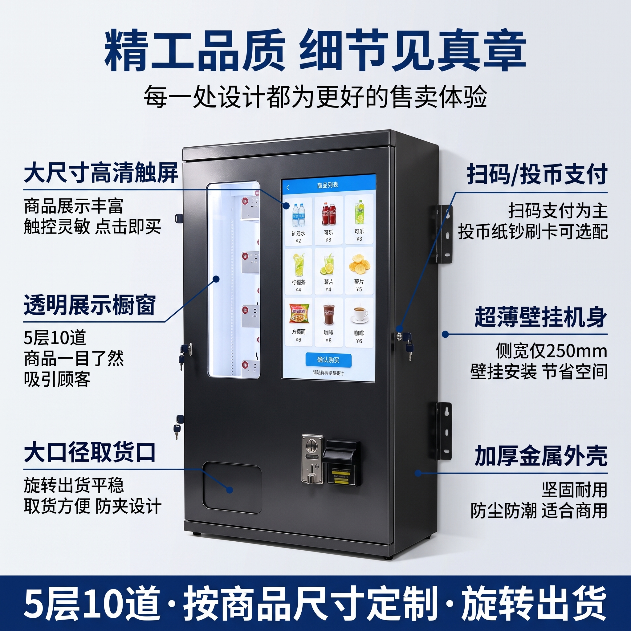 [主图-3] 壁挂式带屏售货机结构细节图，浅白/浅灰背景突出黑… - 图片创意预览