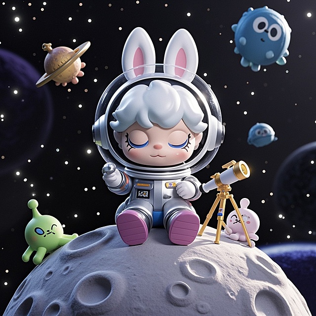 未来感3D卡通，拟人小兔宇航员探索虚拟现实星球，萌趣生动。