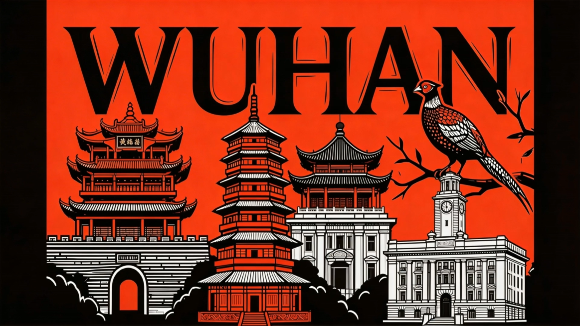 从武汉地标建筑插画炫酷转场到武汉长江大桥插画，保持红黑版画风格，转场更具动感视觉冲击力更强预览效果