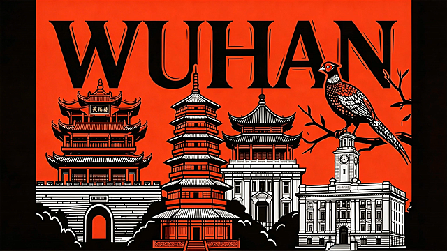 从武汉地标建筑插画炫酷转场到武汉长江大桥插画，保持红黑版画风格，转场更具动感视觉冲击力更强