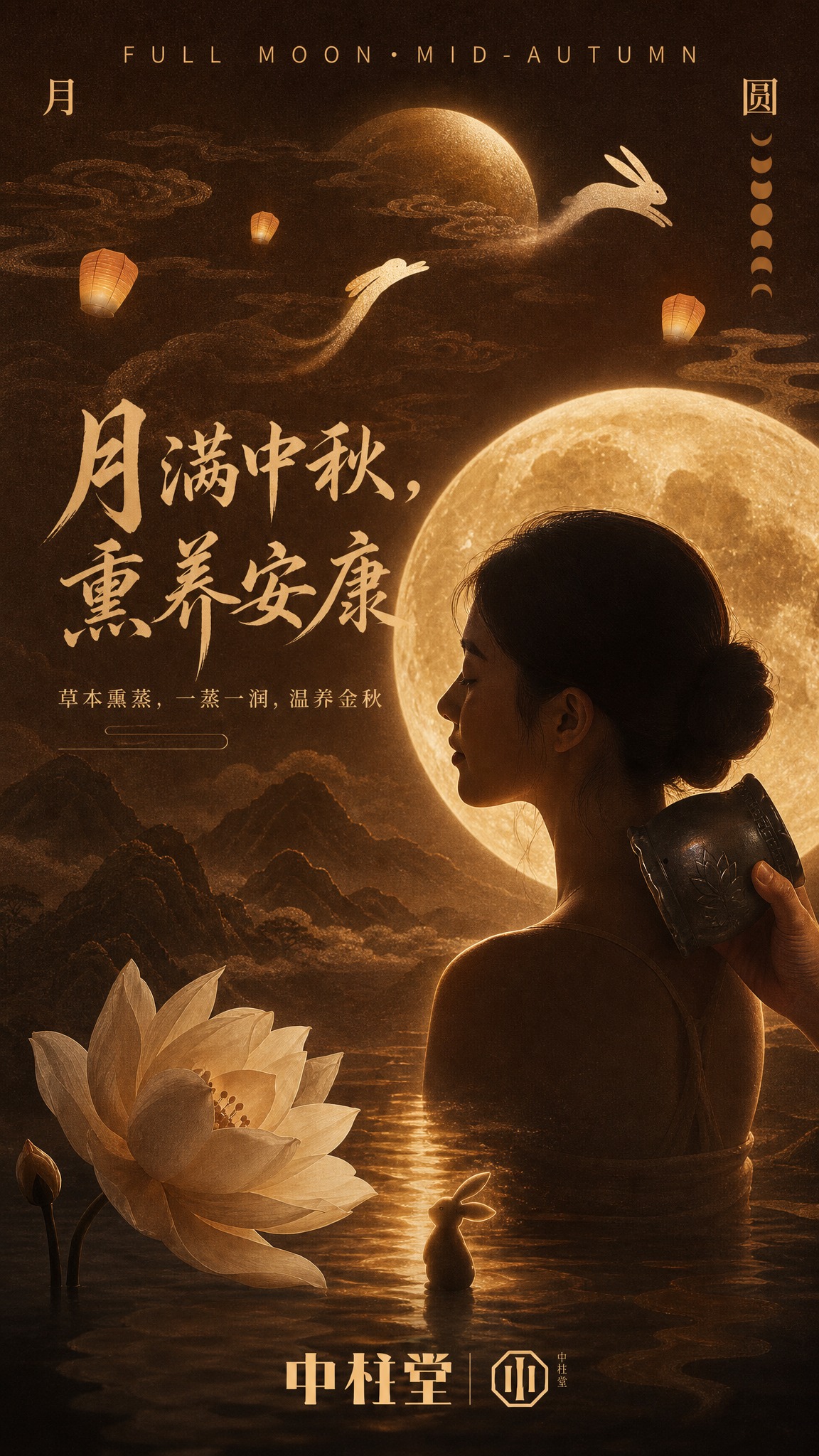 竖版9:16新中式中医养生中秋海报，深棕底色+暖金月光色调，低… - 图片创意预览