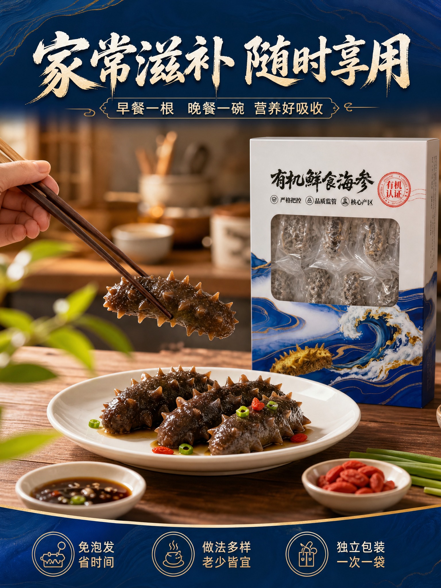 [商品] 使用【图1】有机鲜食海参礼盒正面；保留所有包装元素和… - 图片创意预览