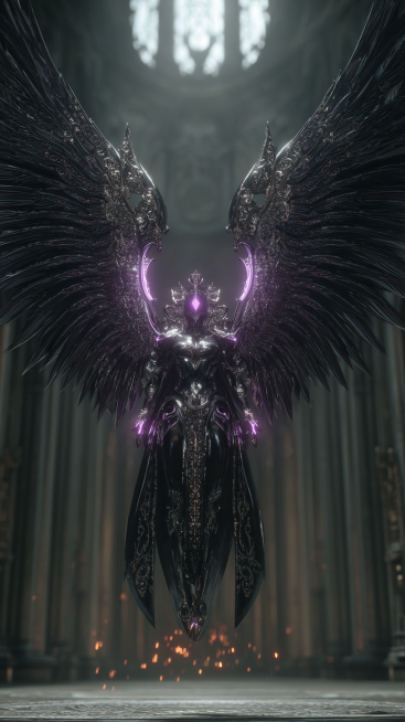 Dark seraphim with six blade wings, each wing segment a polished obsidian blade, silver filigree on预览效果