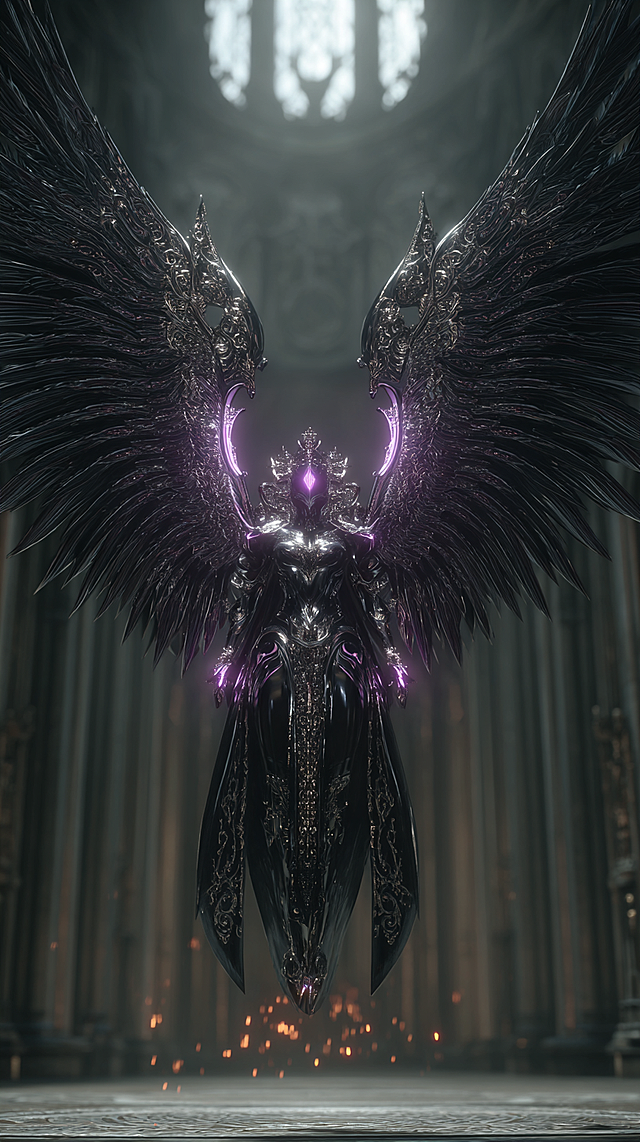 Dark seraphim with six blade wings, each wing segment a polished obsidian blade, silver filigree on black armor, glowing purple eyes, floating embers, desolate gothic cathedral background, harsh top-down lighting, ultra-detailed metal reflections, cinematic lighting