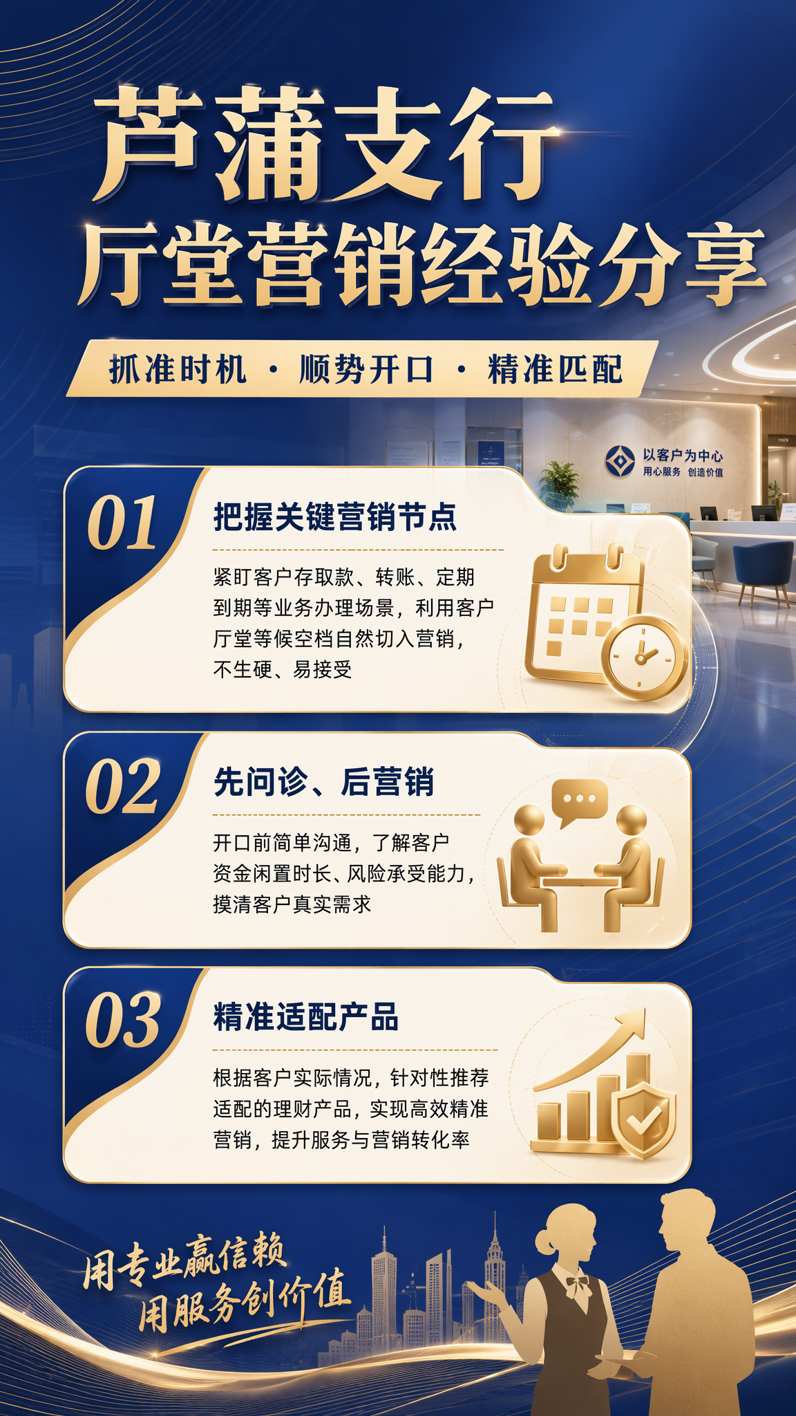 一张竖版9:16的银行厅堂营销经验分享海报，风格为商务与休闲结… - 图片创意预览