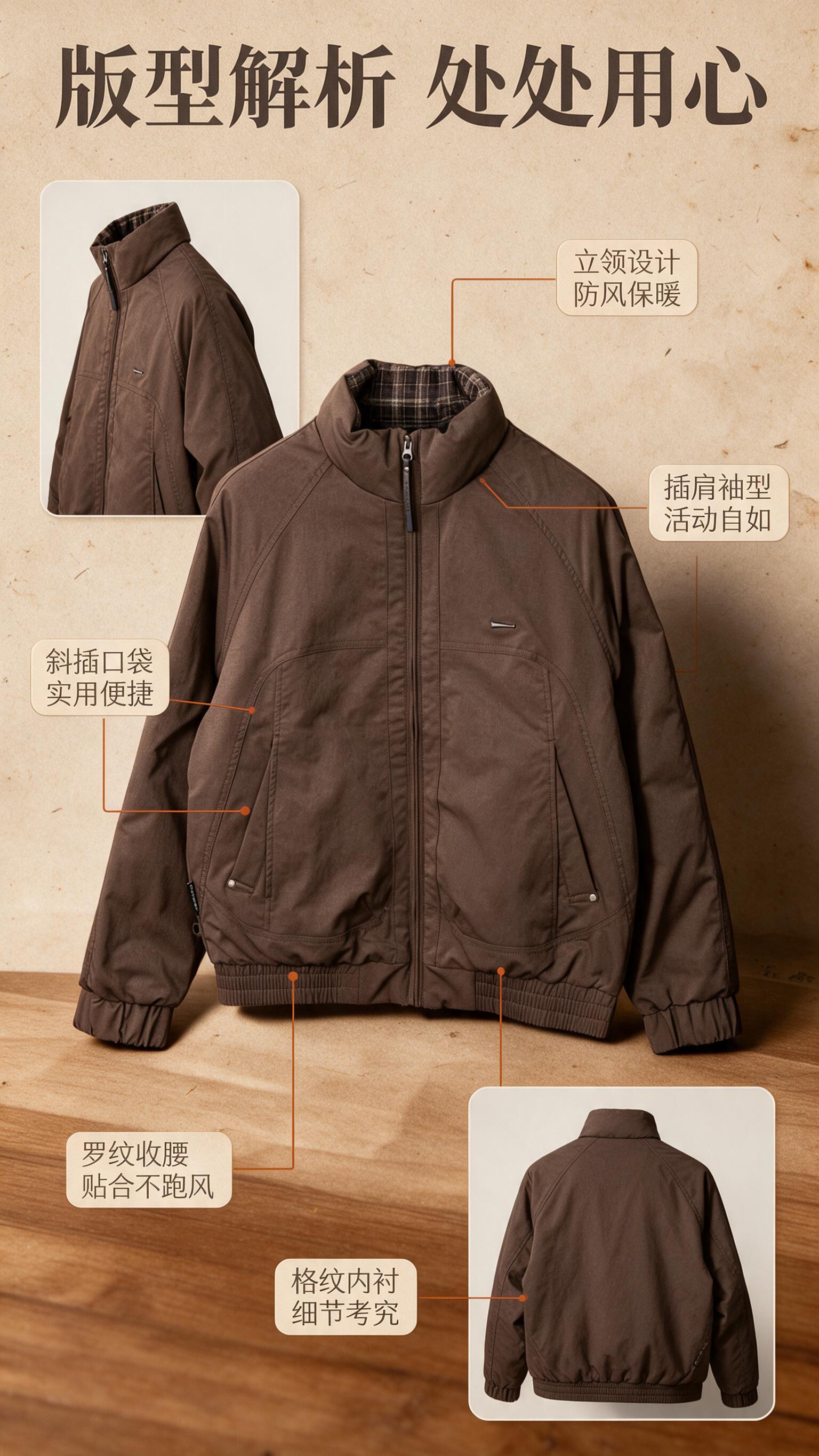 [商品] 使用【图1】男士棕色立领夹棉夹克；商品处理：保留立领… - 图片创意预览