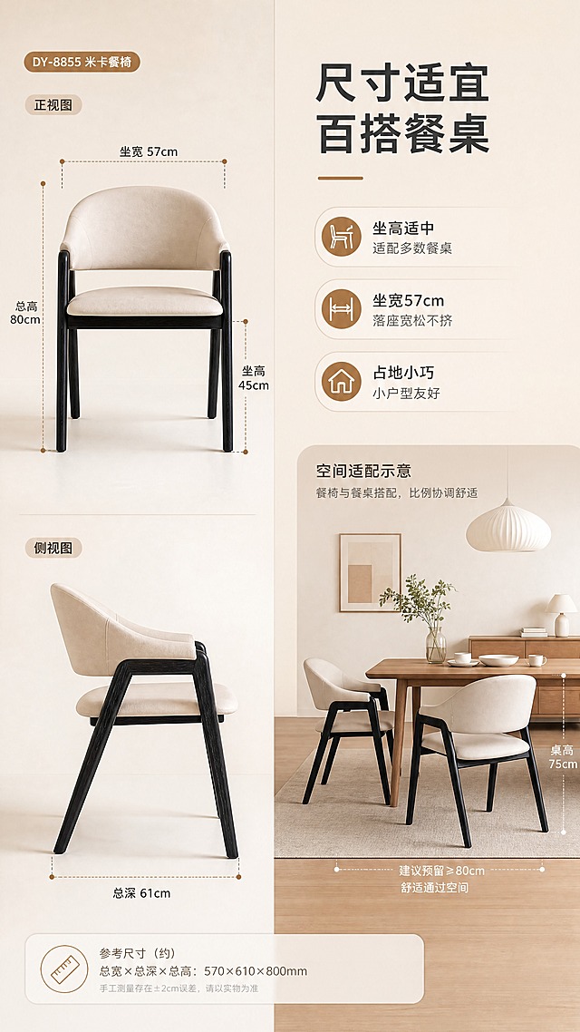 [商品] 使用【图1】DY-8855米卡餐椅；保留米白色猫抓皮面料、黑色白蜡实木椅架、弧形靠背、扶手结构、整体比例与颜色；自然修复面料轻微褶皱，增强皮面纹理与实木质感，不改变结构与版型。
[画面] 目标：空间尺度页，展示尺寸与空间适配性。构图：左图右文，左侧餐椅正侧视带尺寸标注，右侧空间适配说明。主体：餐椅正侧视角度，用虚线+数字标注总高、坐高、坐宽、总深关键尺寸，产品占画面约55%，左侧放置。右侧配餐厅空间示意图，展示餐椅与餐桌搭配比例。
[视觉] 套系策略：风格=北欧简约暖调商业摄影；标题字=现代无衬线粗体；正文字=简洁无衬线体；主色=米杏奶咖；背景延展=基于米杏奶咖做深浅层级、同色渐变与细腻墙面/木质感；强调色=焦糖棕，仅用于小面积图标、引线和标签；标题色=深炭灰；正文色=中暖灰；组件=圆角浅底信息卡、细线引线、胶囊卖点框；光影=左前侧暖自然光，柔和阴影。
[文字] 右侧顶部主标题「尺寸适宜 百搭餐桌」；下方列出关键尺寸利益：「坐高适中 适配多数餐桌」「坐宽57cm 落座宽松不挤」「占地小巧 小户型友好」；底部小字标注参考尺寸约570×610×800mm；文字区右侧排列，不遮挡餐椅主体。
[规格] 图片比例9:16竖版，4K分辨率，中文文案，手机端可读；避免变形、错字、文字过小、冷蓝背景、产品颜色改变、结构失真、极限词。