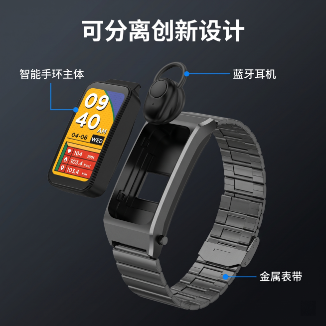[主图 2] 智能耳机手环二合一分离结构展示。[氛围风格] 结构解构科技风。[画质] 商业摄影质感、光线柔和通透、产品清晰真实、画面干净高级。[元素] 产品做爆炸拆解分层展示，清晰呈现主体手环、可拔出预览效果