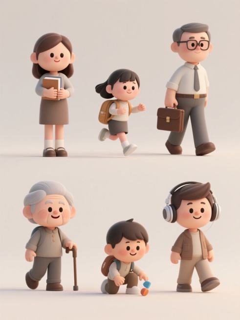 6个不同造型角度的3D卡通人物系列素材，保持柔和的3D渲染风格，统一的纯色背景，主色调为米白色、灰色和棕色，光影柔和自然，人物面部圆润可爱，眼睛大而有神，表情友好。包含有男有女、有老有少的角色：一个年轻女性双手抱书站立，一个中年男性手持公文包行走，一个小女孩背着书包跳跃，一个老年女性拄着拐杖微笑，一个青年男性戴着耳机听音乐，一个小男孩蹲在地上玩耍。所有人物姿态各异，穿着风格协调，整体构图规整排……预览效果