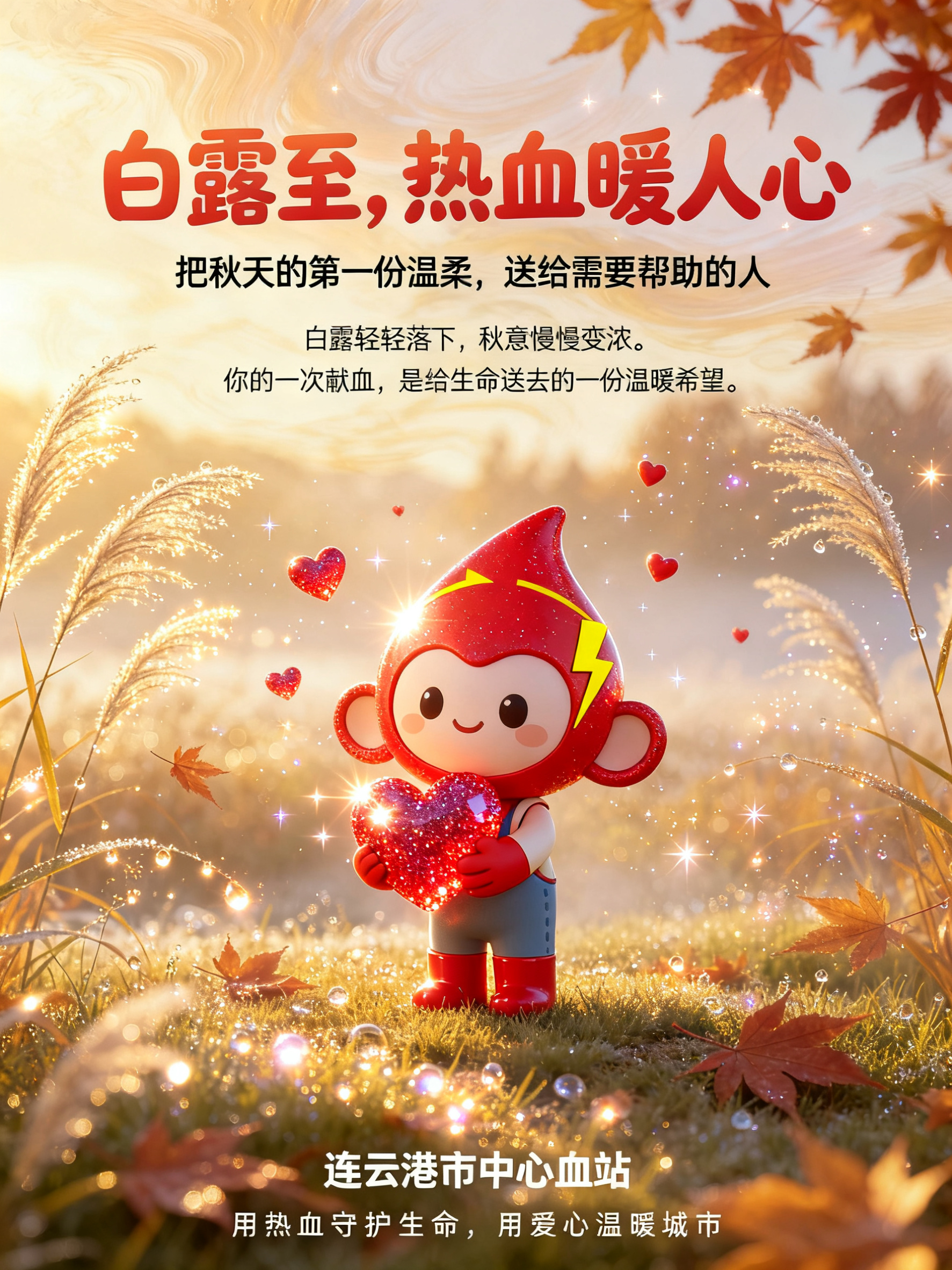 将海报中间的红色心形玩偶替换为图2中的连小血IP形象（红色小猴… - 图片创意预览