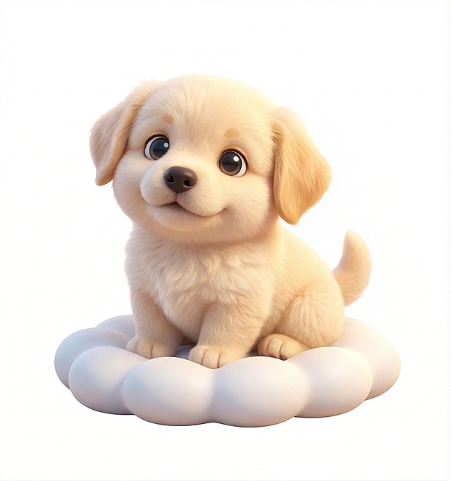 3D卡通Q版风格，和参考图风格一致，一只软萌可爱的小狗，圆润饱满的造型，柔和温暖的光影，质感细腻，纯白色背景，和前三张狗狗造型不同