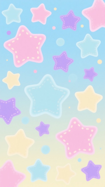 可爱风格背景，浅蓝色渐变底色，散布着多种大小不一的彩色星星图案，包括粉色、紫色、浅蓝色和淡黄色的五角星，星星边缘圆润，点缀着细密的同色系小圆点作为装饰，整体氛围活泼童趣，色彩明快柔和，构图简洁均匀，充满可爱元素。预览效果