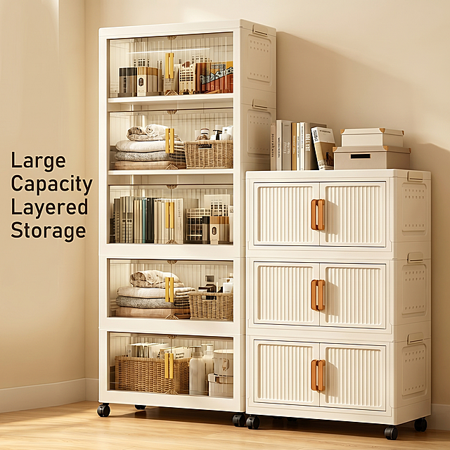 [主图 2] Large capacity layered storage display, the open transparent cabinet is filled with neatly arranged books and daily necessities, highlighting super large storage space. The product is placed in a warm living room scene against the wall, the floor is solid wood, and the background wall is warm beige. Keep the product appearance consistent with the original image. Commercial photography texture, soft natural home daylight, transparent material, show the effect of neat and orderly space after storage. Product occupies about 70% of the画面. Side light main light, ambient light filling, the overall warm and comfortable light. Main color warm cream, auxiliary wood warm color. 1:1 ratio, 2k resolution. The title text on the left: "Large Capacity Layered Storage", simple font, dark color matching light background, clear contrast. Negative prompt: deformation, watermark, text error, messy background.