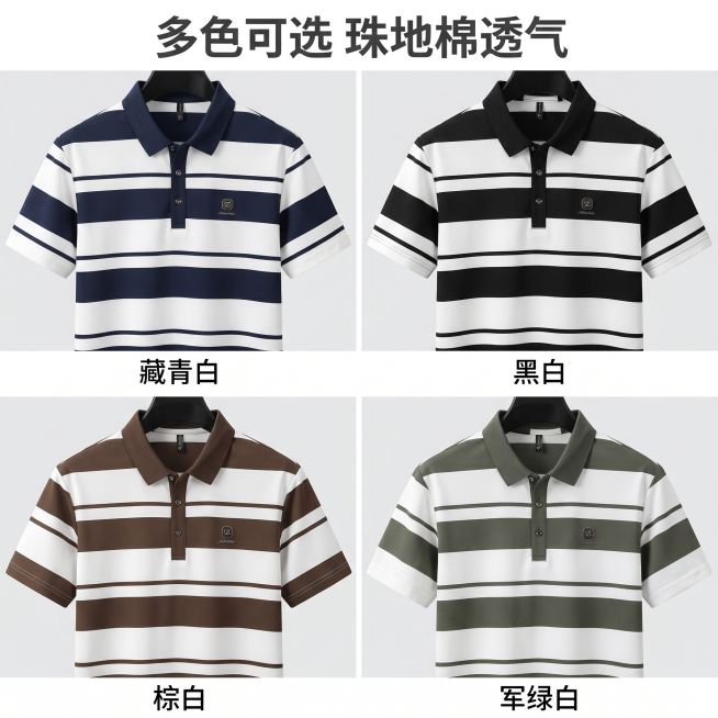 [主图 4] 多色可选展示拼图，中青年男士珠地棉条纹撞色Polo衫四个颜色合集。
[氛围风格] 整齐展示，清晰干净；
[画质] 商业摄影质感、光线柔和均匀、产品清晰真实、画面干净高级。
[元素] 将四预览效果