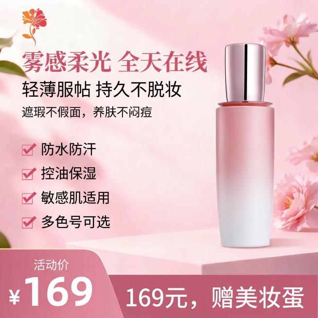 参考图1的电商主图排版模板，替换内容如下：左上角放置图三的品牌logo，主标题为"雾感柔光 全天在线"，副标题是"轻薄服帖 持久不脱妆"，小字副标题"遮瑕不假面，养肤不闷痘"，四个卖点分别为：✓ 防水预览效果