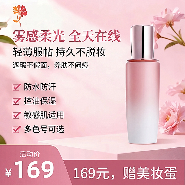 参考图1的电商主图排版模板，替换内容如下：左上角放置图三的品牌logo，主标题为"雾感柔光 全天在线"，副标题是"轻薄服帖 持久不脱妆"，小字副标题"遮瑕不假面，养肤不闷痘"，四个卖点分别为：✓ 防水防汗 ✓ 控油保湿 ✓ 敏感肌适用 ✓ 多色号可选，底部促销信息为"活动价 169元，赠美妆蛋"，右侧放置图二的粉色渐变粉底液产品。背景整体为柔粉色系搭配淡粉色花朵装饰，保持原模板干净唯美风格，所有文字排版清晰。