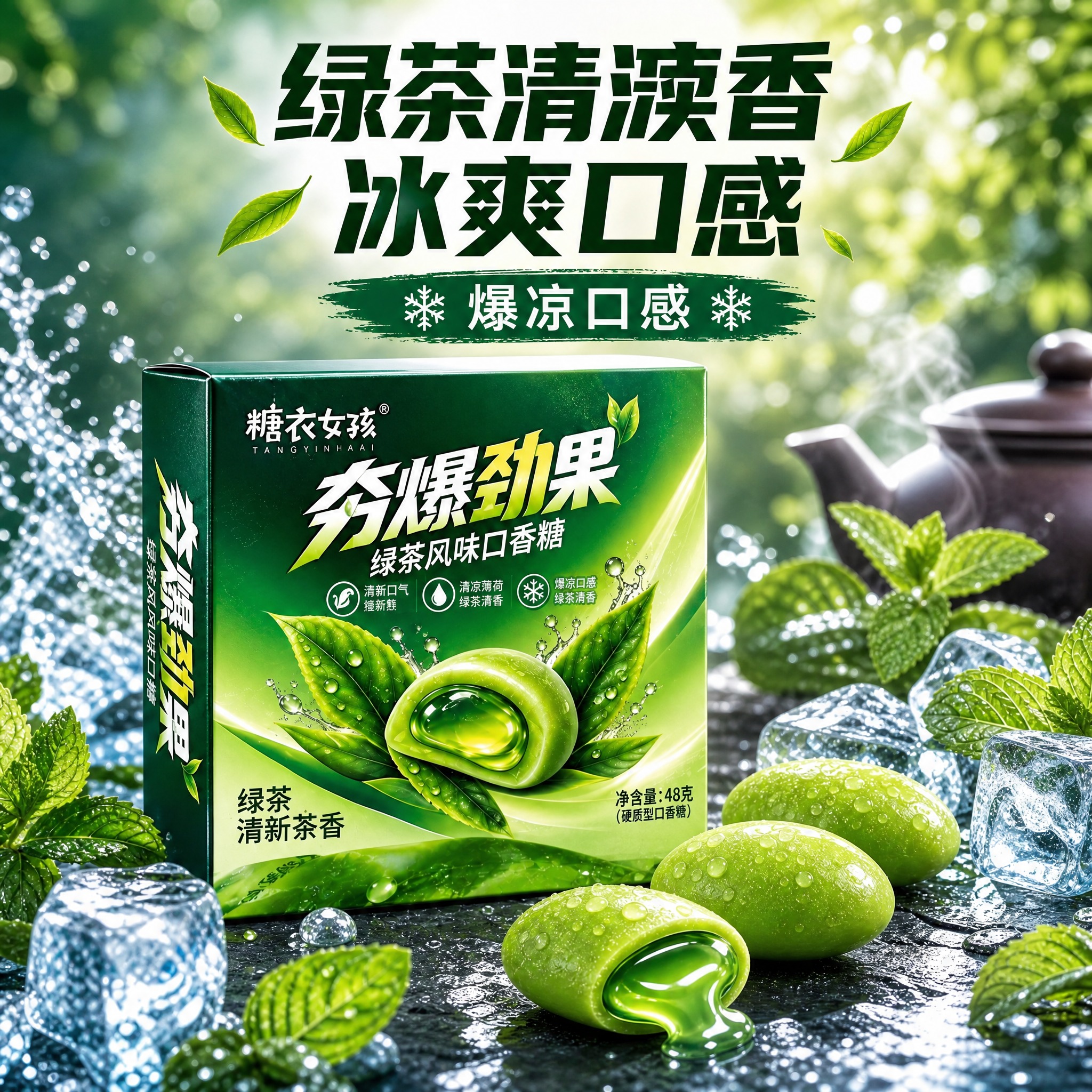绿茶薄荷口香糖主图二创 冰爽茶凉风格 商业摄影质感 产品包装盒… - 图片创意预览