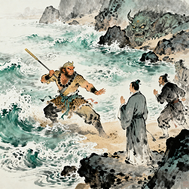 西游记主题插画，沙悟净作为主角突出展示，流沙河拜师场景，古典国风插画，波涛汹涌的河面，岸边怪石嶙峋，人物打斗后拜师的故事感，细节丰富，构图大气