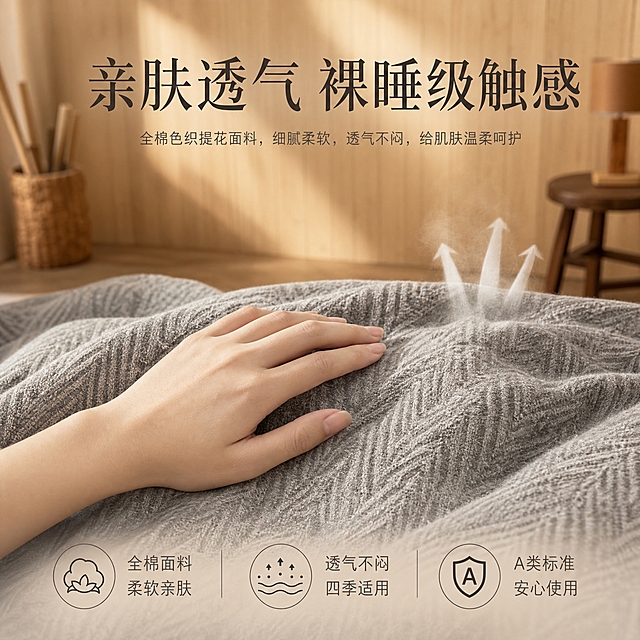 [主图-2] 亲肤触感与透气体验图，突出全棉材质亲肤舒适与透气特性。
[统一基调] 侘寂原木风家居氛围，暖调自然光午后慵懒光斑，背景为原木竖纹墙面与同色系木地板，整体配色以高级灰、原木棕、米白为主，标题字色为深炭灰色，辅助字色为中灰色，强调色为暖棕褐色，字体为简洁现代衬线体，字号层级分明，组件样式为轻量细线标签无厚重色块底板。
[画面] 画面中心为床品局部特写，一只女性的手（皮肤白皙手指纤细）轻轻抚摸灰色色织提花被套表面，手背轻贴面料展现亲肤触感，手部动作自然柔和。旁边有一小部分蒸汽穿透面料的示意效果，表现透气特性。背景延续原木墙面与木地板的卧室场景，但做虚化处理突出前景的面料与手部互动。面料占画面约60%，手部位于画面中心偏左位置。
[光影质感] 商业摄影质感，柔和暖光打在面料与手部，棉纤维肌理清晰可见，手部皮肤细腻真实，面料褶皱自然，光影过渡柔和，整体氛围温馨舒适。
[配色] 主色调高级灰+原木棕+米白，手部肤色自然，暖光营造舒适氛围。
[文字版式] 顶部居中放置主标题"亲肤透气 裸睡级触感"，主标题为深炭灰色大号衬线体。底部横排三个图标加文字的卖点列，分别为"全棉面料 柔软亲肤""透气不闷 四季适用""A类标准 安心使用"，每个卖点配简约线条图标，文字为中灰色小号字体，整体排版整齐不遮挡主体。
[输出要求] 1:1正方形比例，文字清晰可读，产品清晰锐利，禁止变形、错字、模糊、杂乱、水印、平台Logo，禁止出现绝对化用语，禁止手部畸形或多余手指。