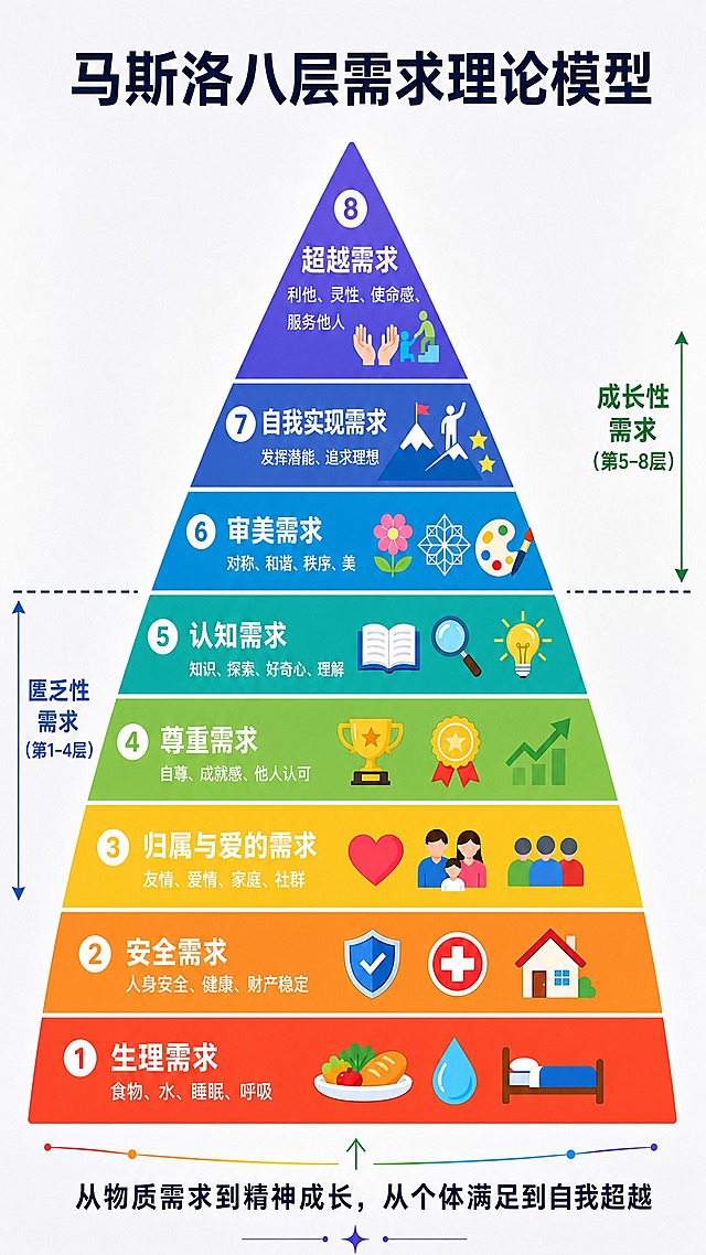 基于参考图修改：将金字塔顶部的小三角尖顶与第8层「超越需求」合并为一层，使第8层本身就是金字塔的三角形顶端，平稳过渡，不再有额外的小尖顶。第8层「超越需求」为三角形（梯形顶部收尖形成完整三角），包含标题文字「超越需求」、关键词「利他、灵性、使命感、服务他人」和图标。其余七层保持梯形横条结构，从下到上依次为：1生理需求、2安全需求、3归属与爱的需求、4尊重需求、5认知需求、6审美需求、7自我实现需求。整体为标准八层正三角形金字塔，外轮廓是完整的三角形。保留原有的配色渐变、图标风格、文字内容、匮乏性/成长性分界线、主标题和底部说明文字。竖向9:16比例，扁平插画风格，白色浅渐变背景。