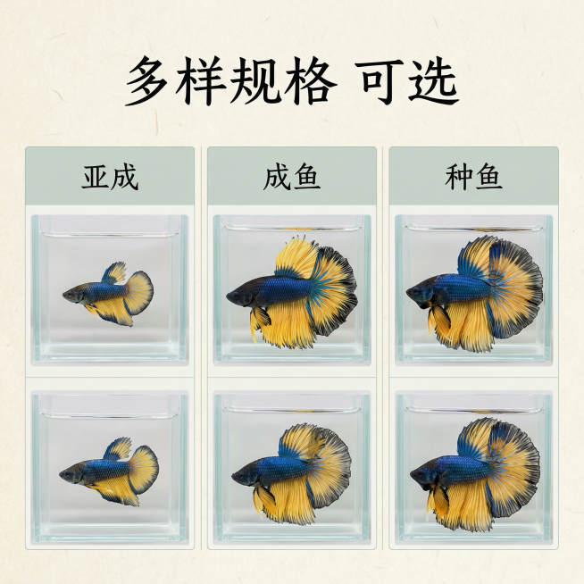 [主图 5] 泰国斗鱼半月芥子规格选购展示
[氛围/风格] 规整展示，中国风简约真实
[画面元素] 商业摄影质感、光线柔和通透、产品清晰真实、画面干净高级。展示不同规格的斗鱼分类：亚成/成鱼/种鱼，每预览效果