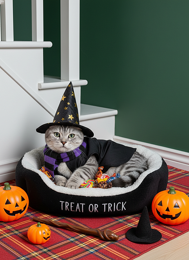 猫咪身着女巫的巫师袍、条纹围巾，头戴带金星的黑色巫师帽，慵懒窝在印有 “TREAT OR TRICK” 标识的毛绒猫窝里，猫窝里有一些糖果，深绿墙面背景，搭配白色楼梯、红黄色的格纹地毯，地毯上有南瓜灯，旁置巫师杖、巫师帽等道具