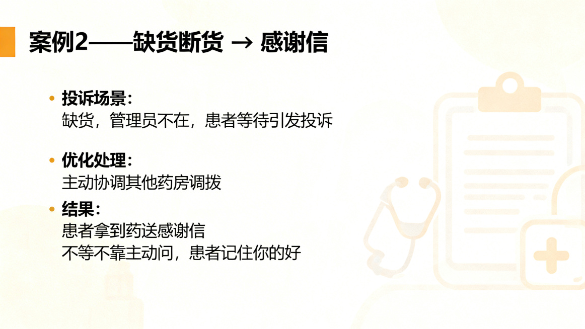 医疗机构药剂科窗口服务培训PPT案例页，标题：案例2——缺货断货 → 感谢信，保留核心内容：投诉情景缺货管理员不在让患者等引发投诉，优化处理主动协调其他药房调拨，结果患者拿到药送感谢信，一句话口诀不等预览效果