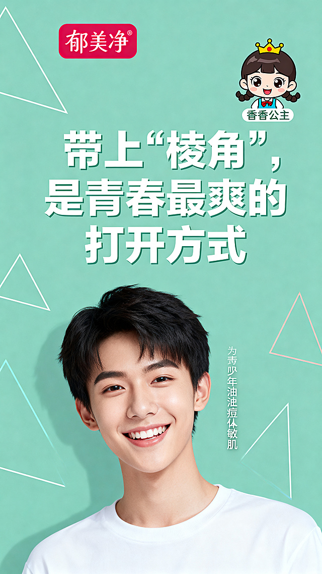 青春主题平面海报，郁美净棱角系列护肤广告，主题文字"带上'棱角',是青春最爽的打开方式"，简约现代设计风格，带有郁美净logo和香香公主卡通IP形象，画面展现大学生青春活力自信的面貌，突出专为青少年油痘敏肌设计，配色清新活力，适合社交媒体传播