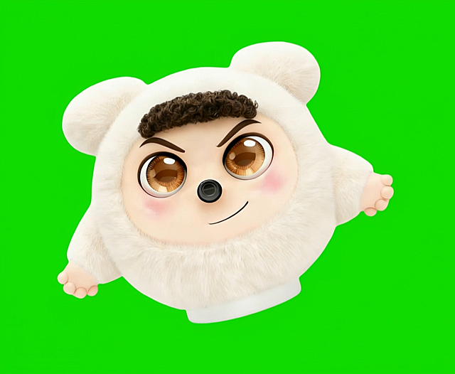 软3D风格的可爱卡通小熊，毛发生长质感细腻，大眼萌脸充满童趣，绿色背景突出角色，适合节日氛围表达。
