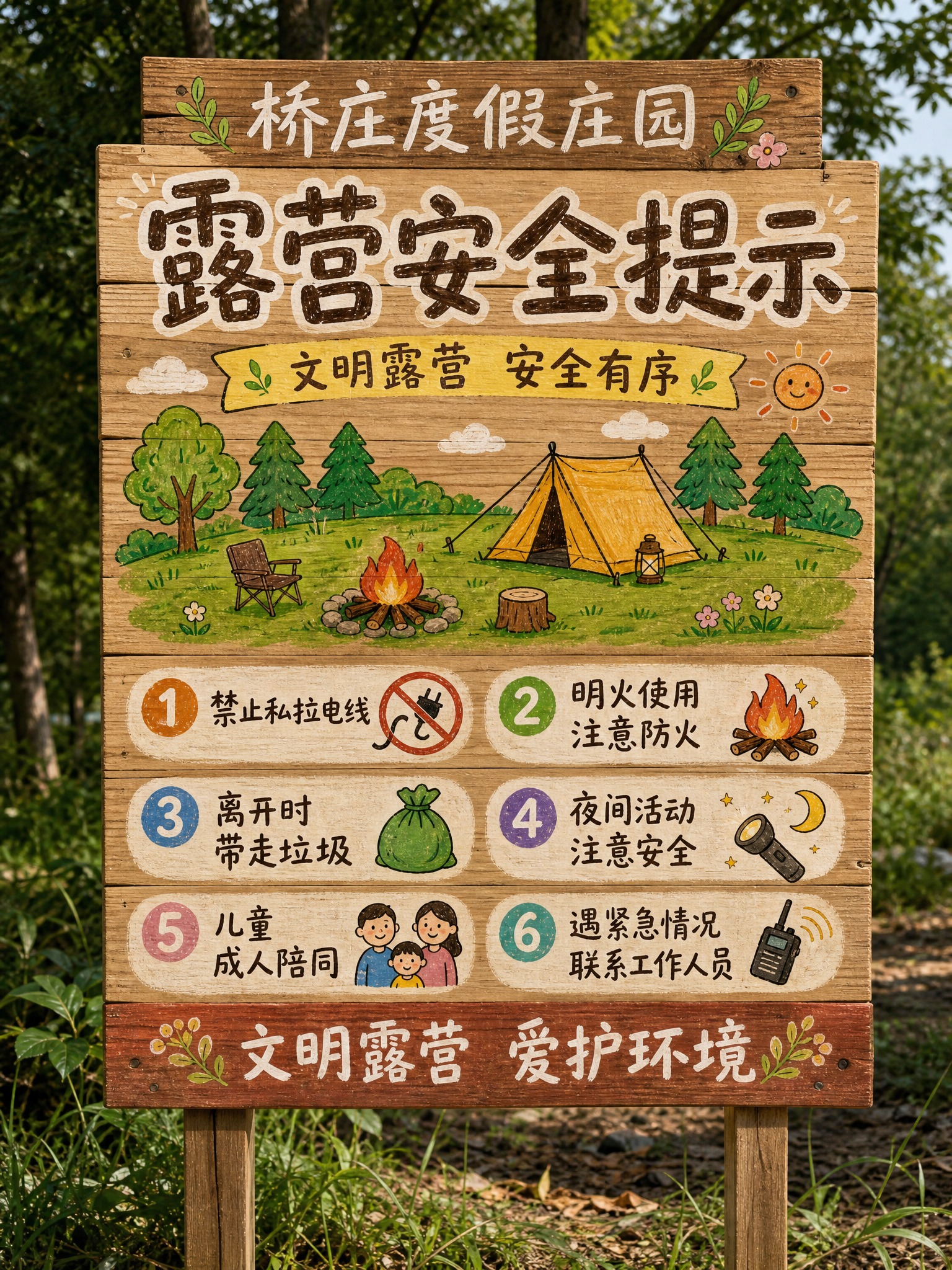 手绘涂鸦风格实木告示牌，质朴原木拼接木板材质，自然木纹清晰可见… - 图片创意预览