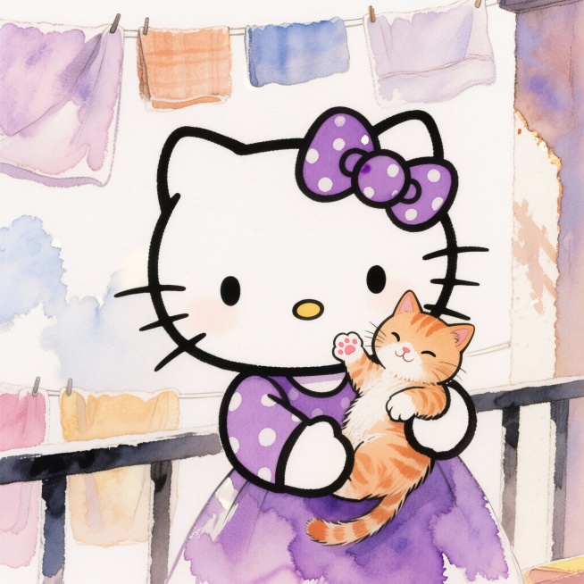Hello Kitty头像，1:1比例，浅紫色波点蝴蝶结，怀里揣着一只橘色小奶猫，猫咪爪子搭在它脸颊上，背景是晒满被子的阳台，阳光洒下来，柔和光影，温馨治愈，手绘软萌质感，8K高清，无水印预览效果