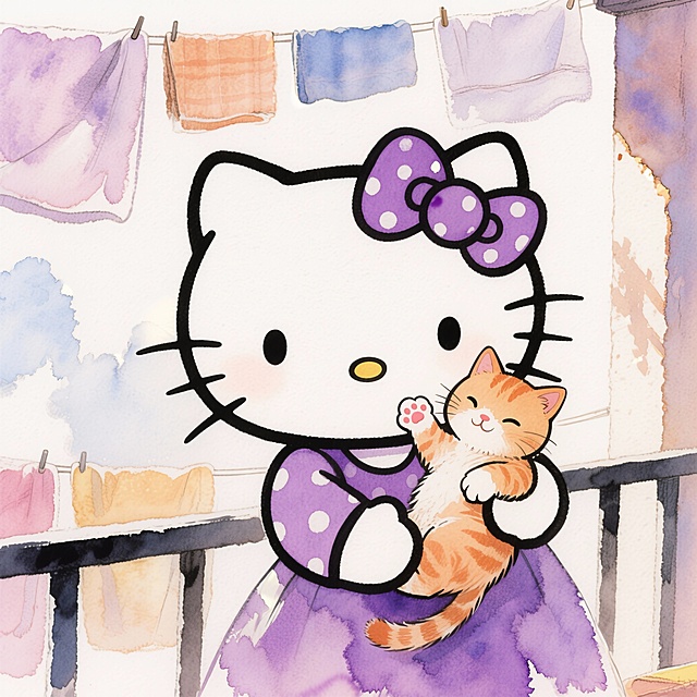 Hello Kitty头像，1:1比例，浅紫色波点蝴蝶结，怀里揣着一只橘色小奶猫，猫咪爪子搭在它脸颊上，背景是晒满被子的阳台，阳光洒下来，柔和光影，温馨治愈，手绘软萌质感，8K高清，无水印