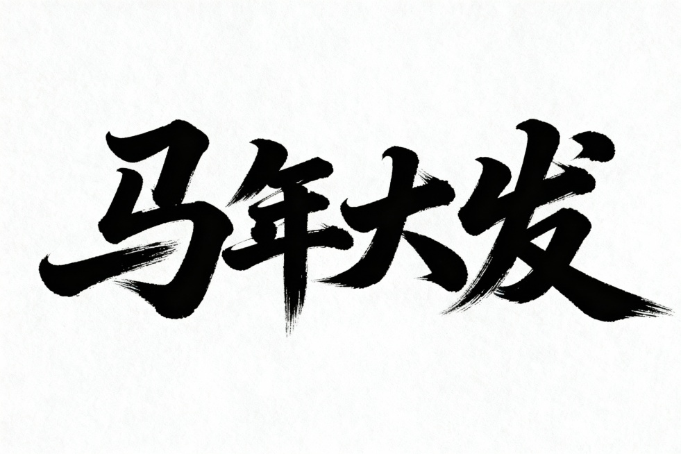 生成排版文案“马年大发”书法字体，黑字白底预览效果