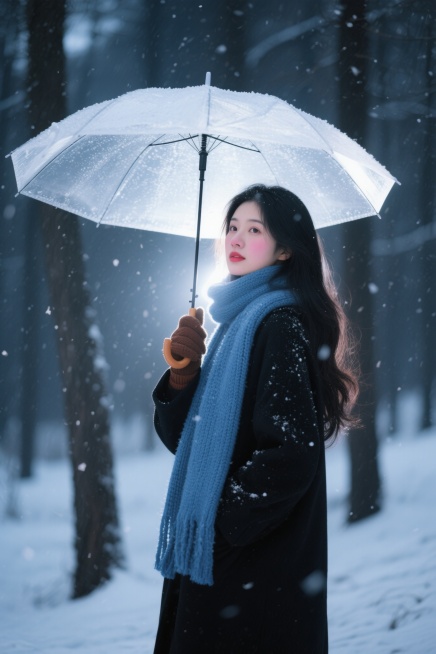 夜晚雪景森林，黑长发女性撑伞转头看镜头，侧逆光勾勒脸部轮廓与发丝，蓝色粗针织大围巾，黑色大衣与手套，皮肤通透，淡粉色腮红晕染脸颊下巴，红棕豆沙唇釉边缘模糊，旧胶片机闪光灯效果，雪花飘落有虚实质感，清冷预览效果