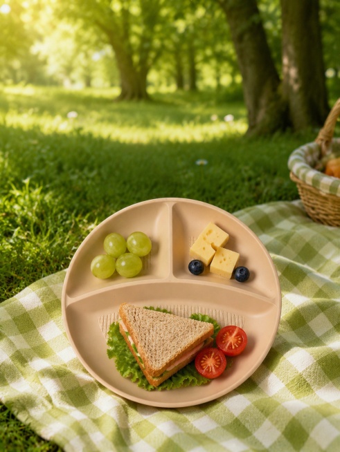 Beige three-grid bamboo fiber divided plate, outdoor picnic scene, the plate is placed on the checke预览效果