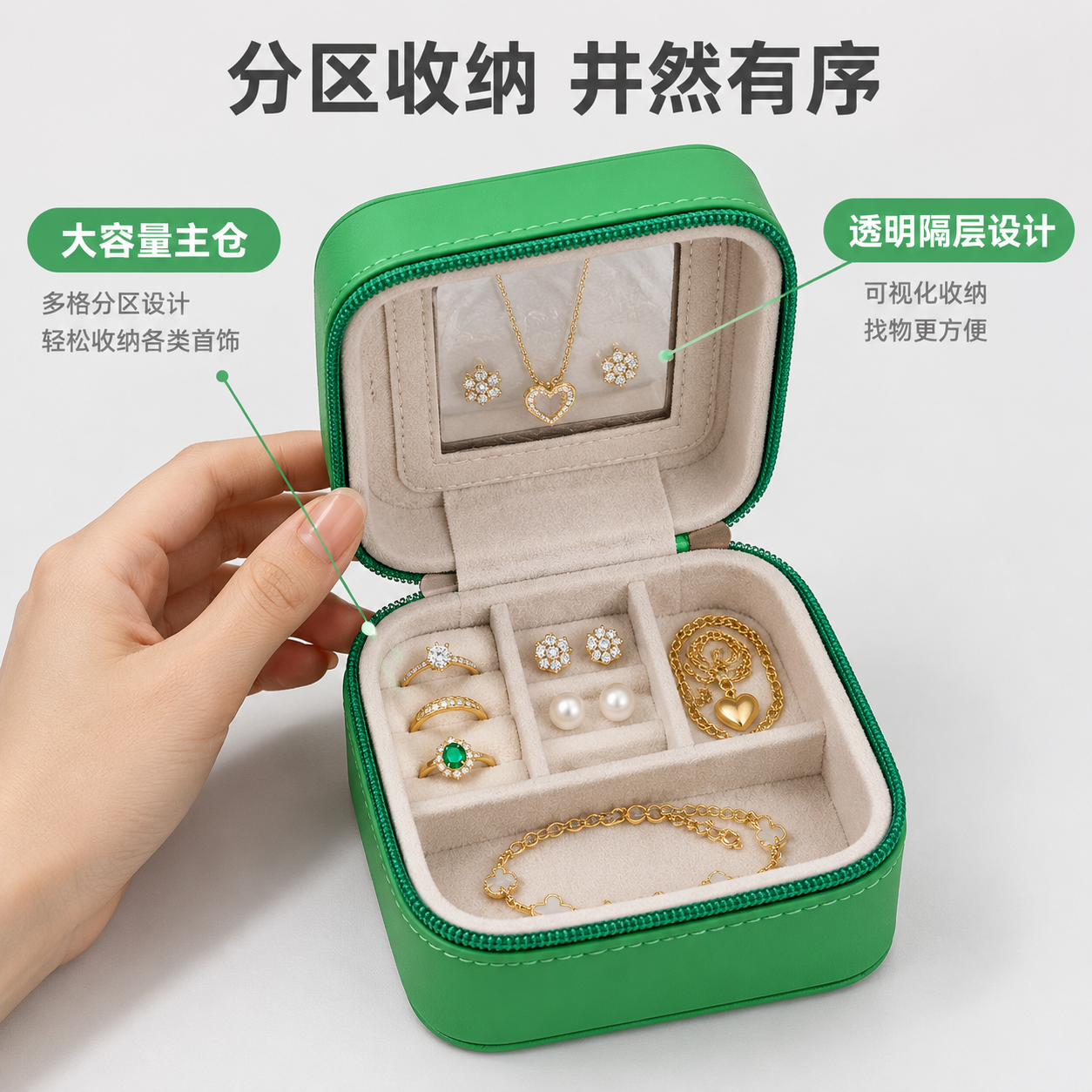 [主图-2] 圣诞主题便携首饰收纳盒 容量与内部结构展示 突出… - 图片创意预览