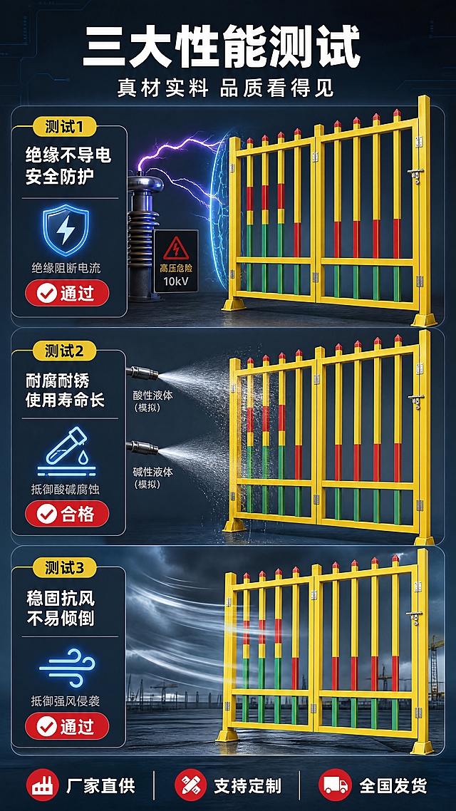 [商品] 使用【图1】玻璃钢绝缘围栏；保留产品完整结构和颜色，在各项测试中作为测试主体，外观不变。
[画面] 目标：功能性能测试可视化，证明核心卖点。构图：左右分栏或上下分区展示3项测试，每项测试配可视化实验效果。测试1（绝缘测试）：产品旁有高压电示意+绝缘盾牌图标，电流被阻挡的视觉效果；测试2（耐腐蚀测试）：产品局部被喷洒酸碱液体示意，表面完好无损；测试3（抗风稳固测试）：产品在强风环境中屹立不倒，底座稳固。背景为深蓝灰工业风，带科技感光效，突出测试专业感。
[视觉] 套系策略：风格=工业专业科技风，测试实验风；标题字=粗黑无衬线黑体；正文字=简洁无衬线黑体；主色=警示黄；背景延展=深蓝灰渐变+科技感光效线条；强调色=警示红+电光蓝，用于测试特效和高亮；标题色=白色；正文色=浅灰；组件=测试结果标签、图标化特效、圆角信息卡；光影=产品受光清晰，测试光效自然融入，不遮挡产品主体。
[文字] 顶部主标题"三大性能测试"（6字），副标题"真材实料 品质看得见"（8字）；三项测试文字："绝缘不导电 安全防护"、"耐腐耐锈 使用寿命长"、"稳固抗风 不易倾倒"；每项配结果标签"通过"或"合格"图标。
[规格] 图片比例9:16竖版，4K，负向提示：避免夸张虚假效果、产品变形、文字过小、错字、极限词、虚构检测数据。