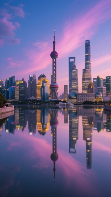 上海陆家嘴天际线全景，以东方明珠电视塔为视觉中心，周围环绕着现代化高楼大厦，黄昏时分，天空呈现从深蓝到粉紫渐变的绚丽色彩，云彩被染成柔和的粉紫色，城市建筑灯火初上，部分楼宇亮着黄色暖光，平静的水面倒映着整个城市景观，形成完美对称的镜像效果，水面如镜面般光滑，反射出天空和建筑的色彩与细节，整体氛围宁静而壮丽，具有高度写实的摄影质感，清晰的细节，高对比度，柔和的光线，专业的城市风光摄影风格。预览效果