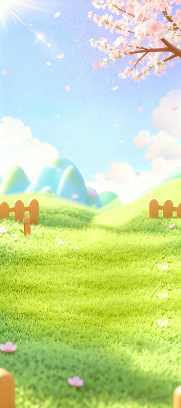 生成一张和参考图类似风格的3D卡通场景图片，阳光明媚的春日户外草地，绿色草坡，远处淡蓝色山峦，蓝天白云，木质栅栏飘落粉色花瓣，柔和清新的3D治愈风格预览效果