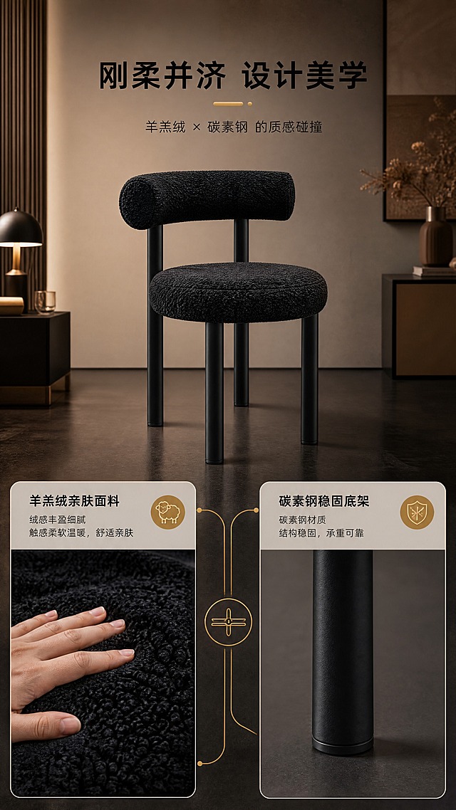 [商品] 使用【图1】DY-8831B墨夜黑餐椅；保留羊羔绒面料、圆润靠背、圆形座垫、四根碳素钢椅腿、整体黑色调与结构比例；增强面料绒感纹理与金属烤漆质感。
[画面] 页面目标：设计美学与材质碰撞叙事，展示羊羔绒软质面料与碳素钢硬朗底架的设计对比。上文下图构图，顶部文案区，下方左右分栏：左侧羊羔绒面料微距特写（手部轻触），右侧碳素钢椅腿烤漆质感特写。中间用设计线条连接，体现材质碰撞美学。
[视觉] 套系策略：风格=现代轻奢高级商业摄影；标题字=现代无衬线粗体；正文字=简洁无衬线体；主色=墨夜黑；背景延展=基于墨夜黑做深浅层级、同色渐变与细腻哑光质感，搭配暖米色与深棕软装；强调色=暖金色，仅用于小面积图标、引线和标签；标题色=墨夜黑；正文色=深暖灰；组件=圆角浅底信息卡、细线引线、金色点缀；光影=左前侧暖柔光，背景暖调氛围光。
[文字] 顶部主标题"刚柔并济 设计美学"，副标题"羊羔绒 × 碳素钢 的质感碰撞"。下方左侧标注"羊羔绒亲肤面料"，右侧标注"碳素钢稳固底架"。文字横向排版，不遮挡产品细节。
[规格] 图片比例9:16竖版，4K，避免变形、错字、文字过小、冷蓝背景、产品颜色改变、结构失真、极限词。