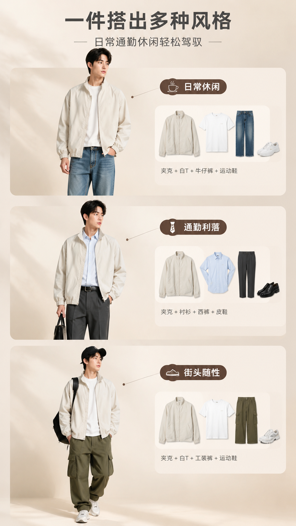 [商品] 使用【图1】米白色立领休闲夹克；商品处理：保留立领、… - 图片创意预览